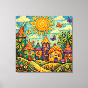 Whimsical Fairy Tale Village Colourful Canvas Art