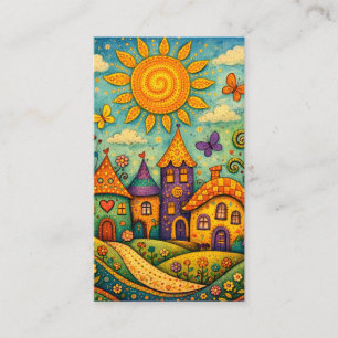 Whimsical Fairy Tale Village Colourful Canvas Art Business Card