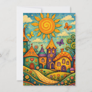 Whimsical Fairy Tale Village Colourful Canvas Art Card