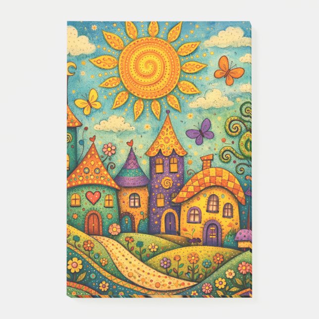 Whimsical Fairy Tale Village Colourful Canvas Art Post-it Notes (Front)