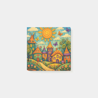 Whimsical Fairy Tale Village Colourful Canvas Art Post-it Notes