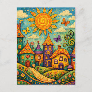 Whimsical Fairy Tale Village Colourful Canvas Art Postcard