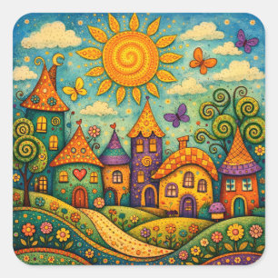 Whimsical Fairy Tale Village Colourful Canvas Art Square Sticker