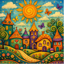 Whimsical Fairy Tale Village Colourful Canvas Art