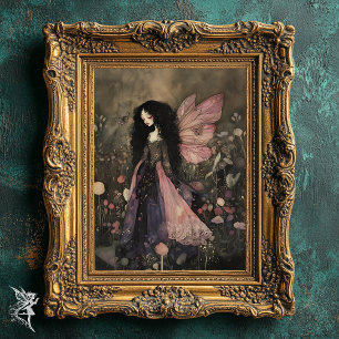 Whimsical Fairy with Dark Moody Florals Wall Art 