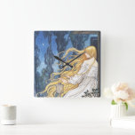 Whimsical Fairytale Vintage Rapunzel Art Nouveau Square Wall Clock<br><div class="desc">This vintage Rapunzel design is inspired by the iconic 1914 illustration by Florence Susan Harrison, showcasing an elegant princess with flowing golden hair on a moonlit balcony. Featuring a classic Art Nouveau and Pre-Raphaelite aesthetic, this fairytale artwork brings a touch of historical romance and whimsical charm to any home decor...</div>