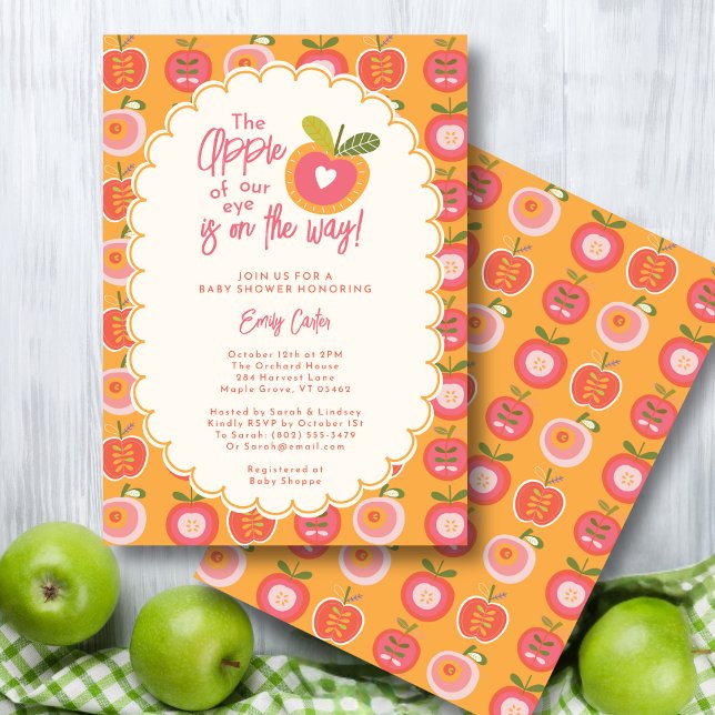 Whimsical Fall Apple of Our Eye Modern Pink Invitation (Creator Uploaded)