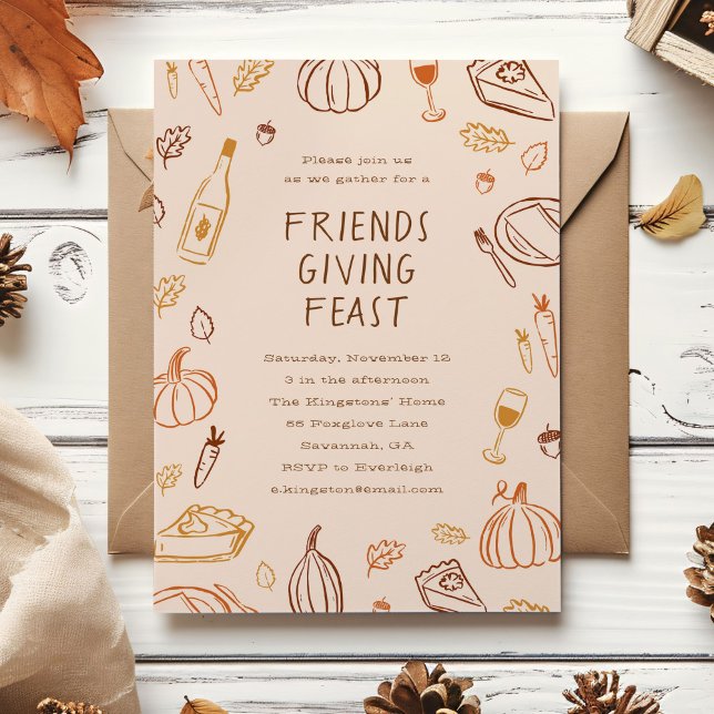Whimsical Fall Doodles Friendsgiving Dinner Invitation (whimsical pumpkin and fall leaves doodles Friendsgiving invitation)