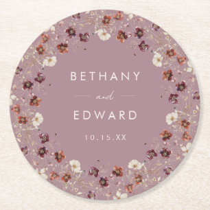Whimsical Fall Dried Flowers Mauve Wedding Round Paper Coaster