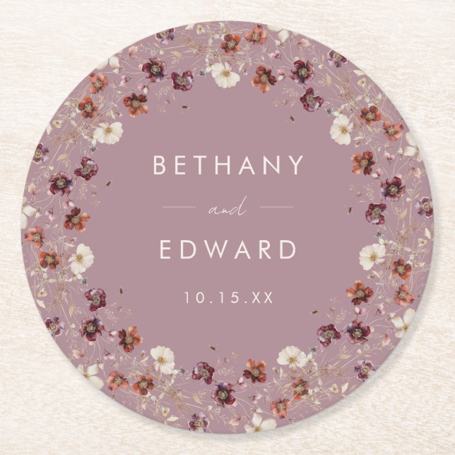 Whimsical Fall Dried Flowers Mauve Wedding Round Paper Coaster (Front)