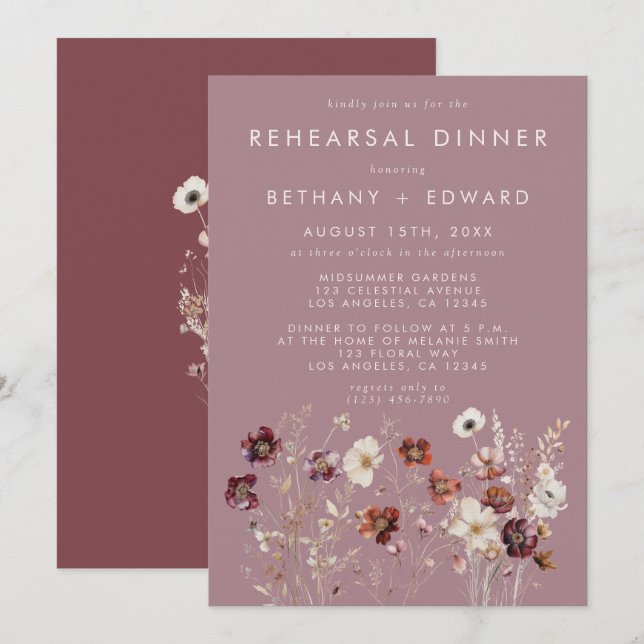 Whimsical Fall Mauve Rehearsal Dinner Invitation (Front/Back)