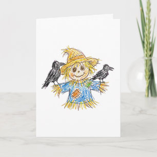 Whimsical Fall Scarecrow and Crows Greeting Card