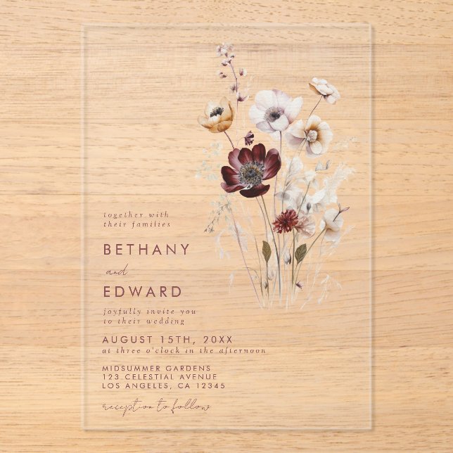 Whimsical Fall Wildflower Wedding Acrylic Invitations (Front)
