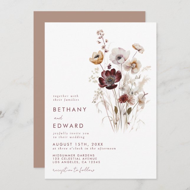 Whimsical Fall Wildflower Wedding Invitation (Front/Back)
