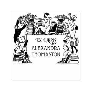 Whimsical Falling Books Ex Libris Library Name Self-inking Stamp