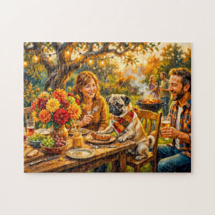 Whimsical Family BBQ Terrace Mops Illustration Jigsaw Puzzle