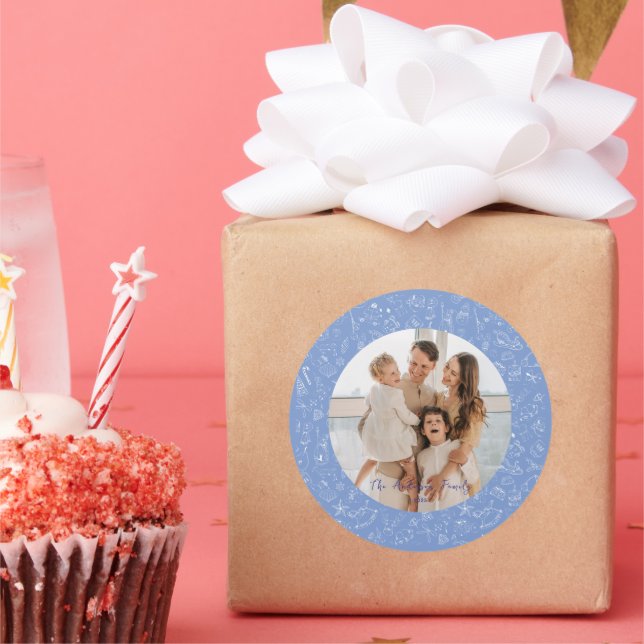 Whimsical Family Photo Christmas Holiday Classic Round Sticker (Party)