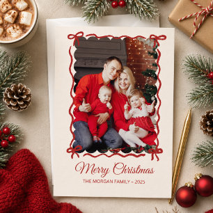 Whimsical Family Photo Red Bow Christmas Holiday Card
