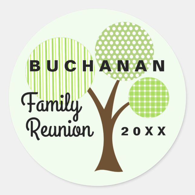 Whimsical Family Reunion Tree Green Patterned Classic Round Sticker (Front)