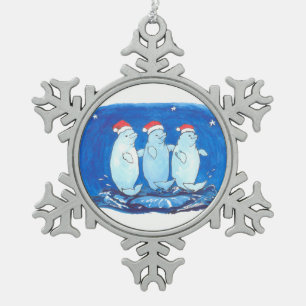 Whimsical Fancy Beluga Whales Trio Christmas Tree Snowflake Pewter Christmas Ornament