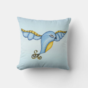 Whimsical Fancy Fantasy Blue Bird Yellow Accents Cushion