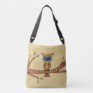 Whimsical Fantasy Colourful Owl on Tree Branch Tan Crossbody Bag