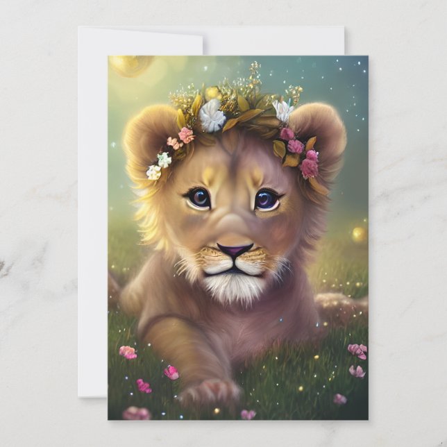 Whimsical Fantasy Cute Kawaii baby lion cub Holiday Card (Front)
