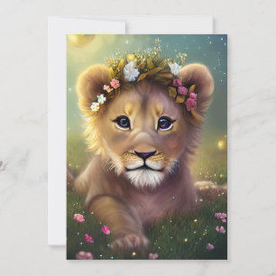 Whimsical Fantasy Cute Kawaii baby lion cub Holiday Card