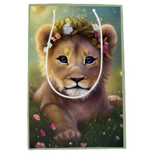 Whimsical Fantasy Cute Kawaii baby lion cub Medium Gift Bag