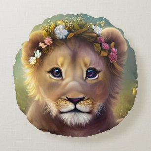 Whimsical Fantasy Cute Kawaii baby lion cub  Round Cushion