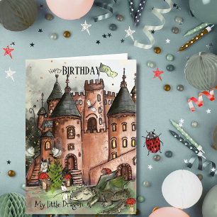Whimsical Fantasy Dragon & Castle Birthday Card