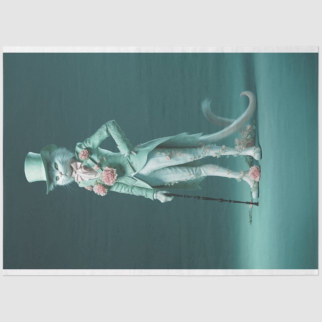 Whimsical Fantasy Fury Sage Green Cat Decoupage Tissue Paper (Front)