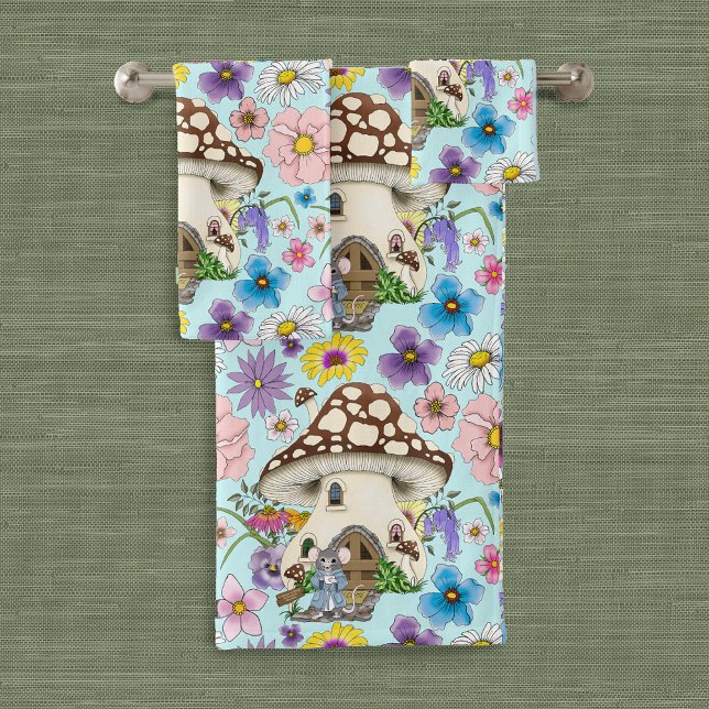 Whimsical Fantasy Mouse Mushroom House Floral Blue Bath Towel Set (Creator Uploaded)