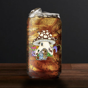 Whimsical Fantasy Mouse Mushroom House Floral Blue Can Glass