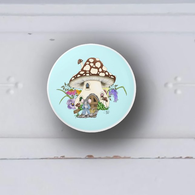 Whimsical Fantasy Mouse Mushroom House Floral Blue Ceramic Knob (Creator Uploaded)