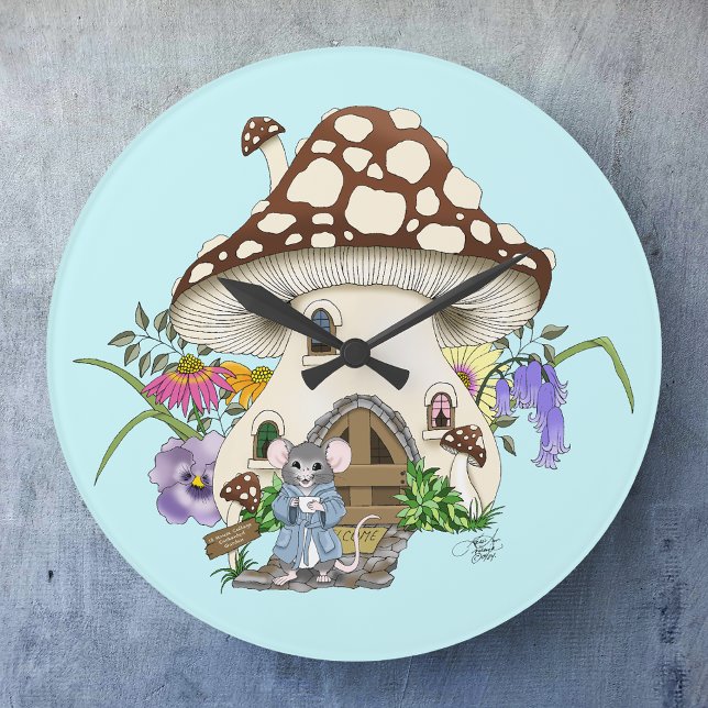 Whimsical Fantasy Mouse Mushroom House Floral Blue Large Clock (Creator Uploaded)
