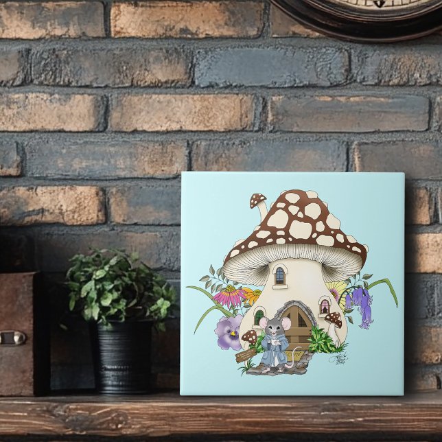 Whimsical Fantasy Mouse Mushroom House Floral Blue Tile (Creator Uploaded)