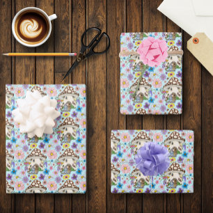 Whimsical Fantasy Mouse Mushroom House Floral Blue Wrapping Paper Sheet