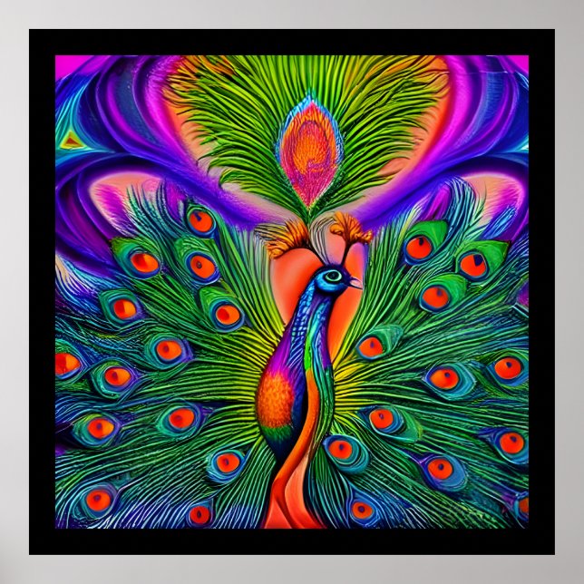 Whimsical Fantasy Multicolored Peacock Poster (Front)
