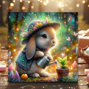 Whimsical Fantasy Sparkle Garden Bunny Easter Holiday Card