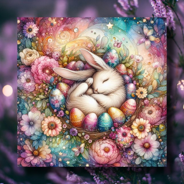 Whimsical Fantasy Watercolor Easter Bunny Flowers Holiday Card (Creator Uploaded)