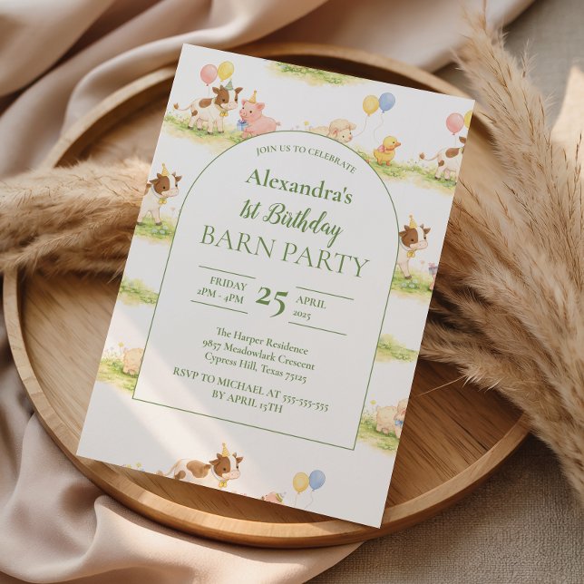 Whimsical Farm Animals Pastel 1st Birthday Invitation (Creator Uploaded)
