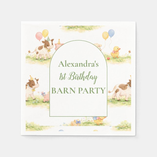 Whimsical Farm Animals Pastel 1st Birthday Napkin (Front)