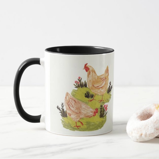 Whimsical Farm Hens Mug (With Donut)