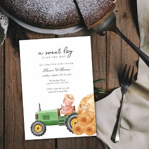 Whimsical Farmer Tractor Teddy Bear Baby Shower Invitation