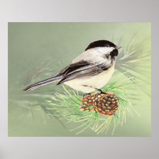 Whimsical Farmhouse Rustic Chickadee Bird Print (Front)