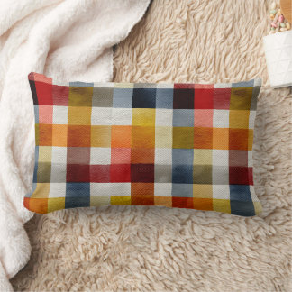 Whimsical Farmhouse Watercolor Plaid Lumbar Cushion