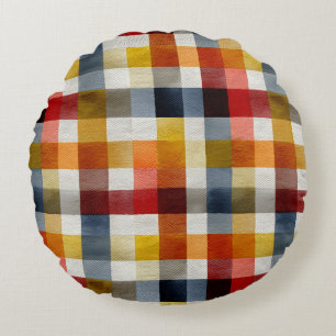 Whimsical Farmhouse Watercolor Plaid Round Cushion