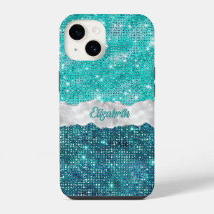 Whimsical Faux Turquoise Teal Glitter Monogram iPhone 14 Case