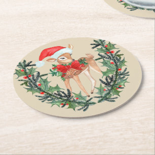 Whimsical Fawn Wreath Round Paper Coaster